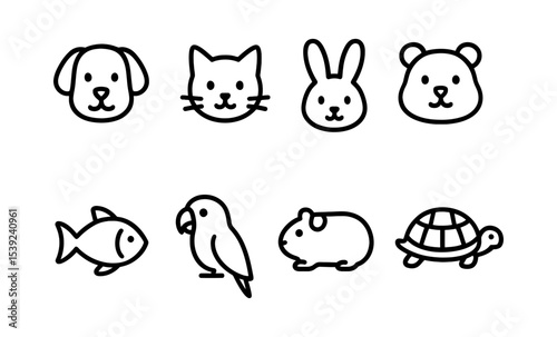 Minimalist animal icons set featuring dog, cat, rabbit, bear, fish, parrot, guinea pig, tortoise