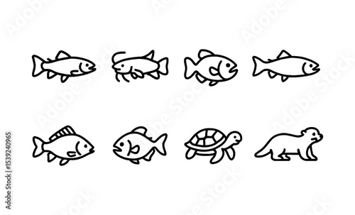 Minimalist aquatic animal icons collection: fish, turtle, otter line art