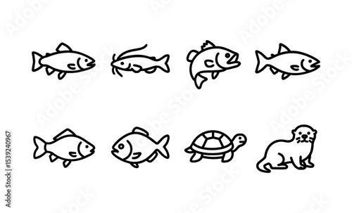 Outline illustrations of various aquatic animals including fish, turtle, and otter