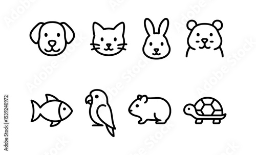 Adorable animal icon set featuring dog cat rabbit bear fish parrot hamster turtle in simple line art