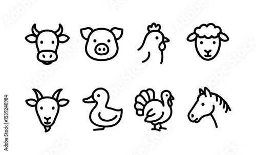 Simple animal icons: farm animal faces with minimalist line art style