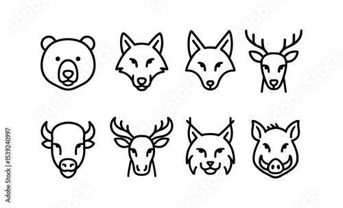 Minimalist animal icons: bear, fox, deer, bison, lynx, boar - simple line art collection
