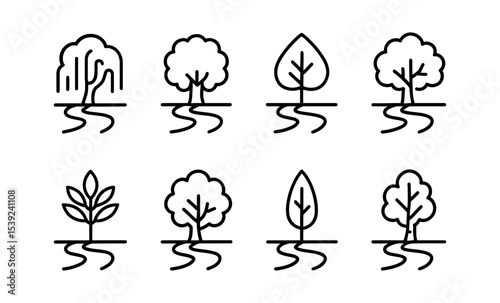 Minimalist tree icons set featuring diverse tree shapes in black and white