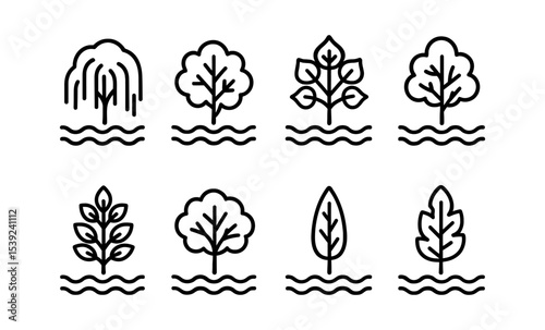 Tree icons: willow, alder, cottonwood, sycamore, ash, elm, poplar, birch waterline designs