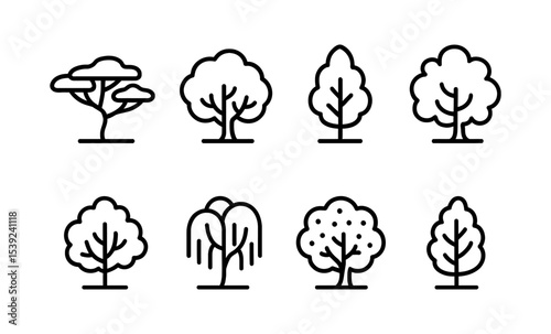 Minimalist tree icons: acacia, elm, poplar, oak, ash, willow, hawthorn, buckthorn