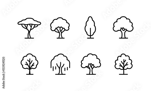 Minimalist line icons of popular steppe trees: acacia, elm, poplar, oak