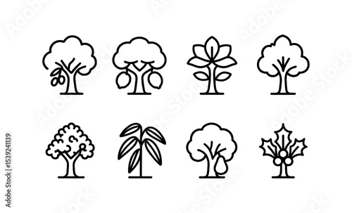 Simple line art icons of olive, orange, lemon, magnolia, jacaranda, eucalyptus, avocado, holly trees