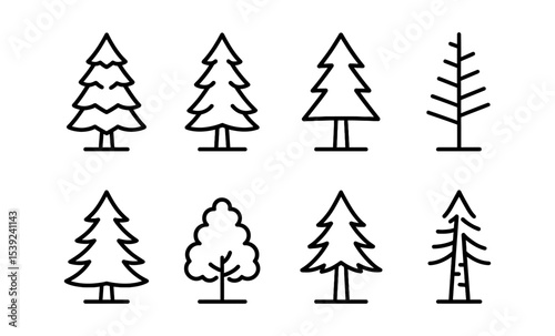 Collection of eight minimalist tree icons in black and white line art style