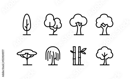 Diverse tree line art icons collection for nature and minimalist designs