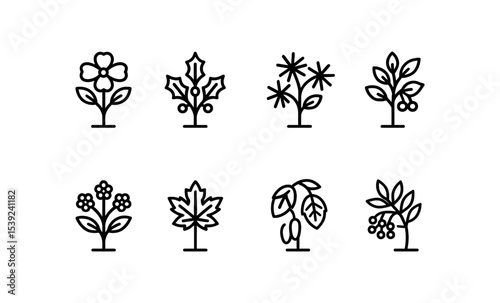 Minimalist understory tree icons featuring dogwood, holly, and more