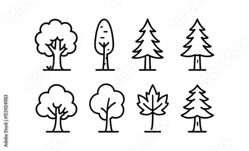 Simple line drawing of diverse tree types in minimalist style