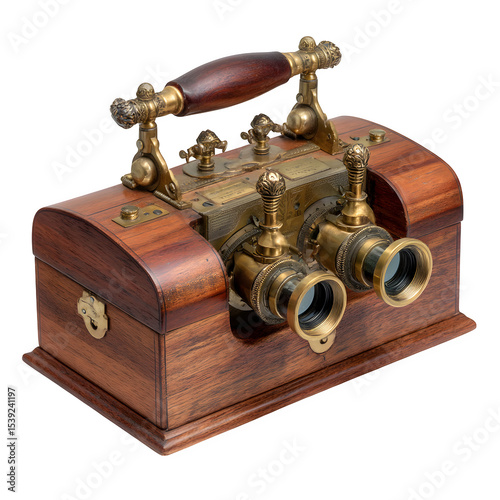 Antique Victorian stereoscope, 1880s mahogany viewer, isolated on a white background