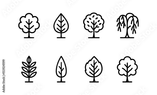 Collection of simple tree line icons featuring oak, birch, cherry, willow, and more