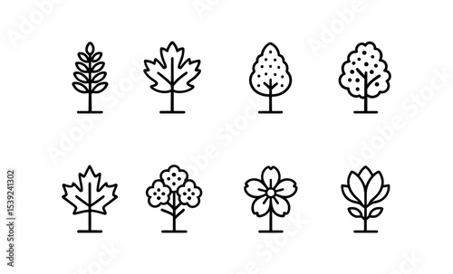 Minimalist tree icons collection: honeylocust, red maple, magnolia, cherry blossom