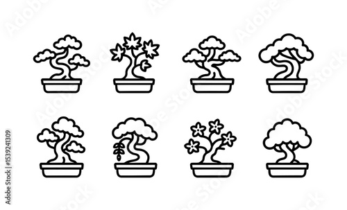 Minimalist line art designs of diverse bonsai trees for nature enthusiasts