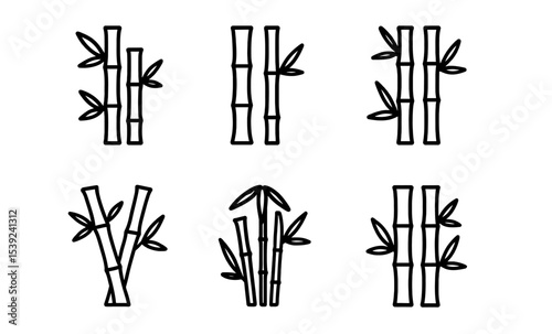Minimalist bamboo icons set: six black and white illustrations of bamboo stalks with leaves