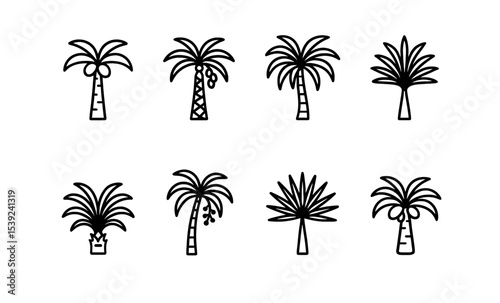 Variety of palm tree icons in minimalist black and white design