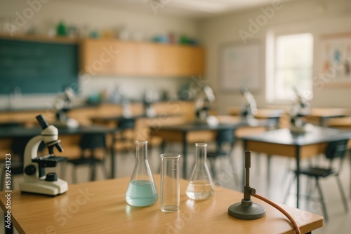 Science classroom with lab equipment including flask, beaker, and microscope. Empty school laboratory ready for experiment. Blurred background.
