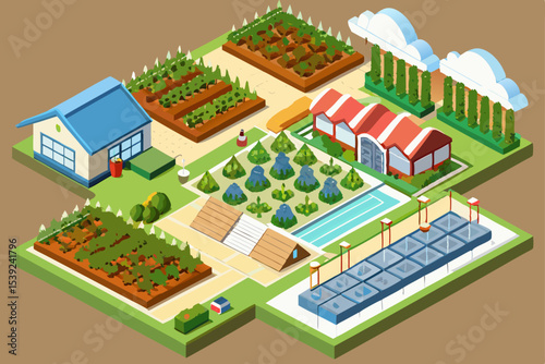 Vector isometric city illustration with modern residential buildings, urban streets, and architectural elements
