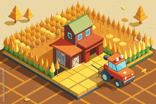 Isometric vector illustration of an urban architecture design featuring a home in the woods on the river, or a city building with a tree-lined road and office windows