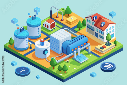 Vector isometric city illustration set with urban buildings, residential homes, cars, and trees on a street map design