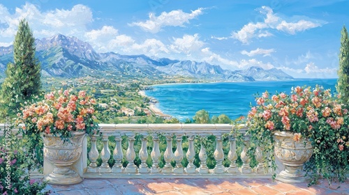 Scenic seascape from a tranquil balcony overlooking mountains and sea.