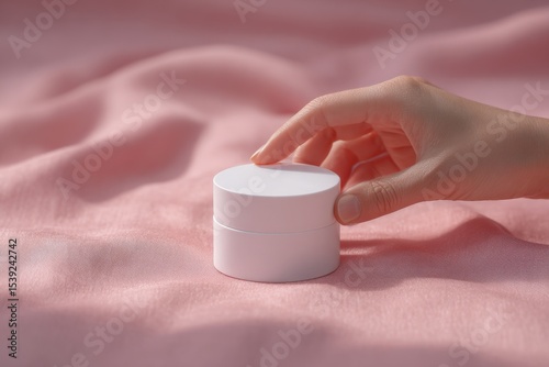 Hand reaches for skincare product on pink silk. Beauty, cosmetic, treatment, container, minimalist, hand.