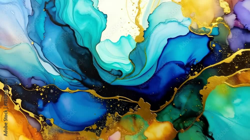 Elegant abstract fluid art painting with blue and gold accents, creating a sophisticated marble effect and textured appearance on canvas.