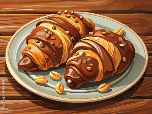 vector of Plate of sweet croissant or delicious dessert with chocolate and hazelnut coating on wooden background, close up...