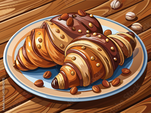 vector of Plate of sweet croissant or delicious dessert with chocolate and hazelnut coating on wooden background, close up...