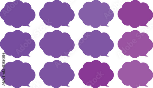 All the bubbles have a distinctive, rounded, cloud-like, or scalloped edge design. This vector image features twelve speech bubbles.
