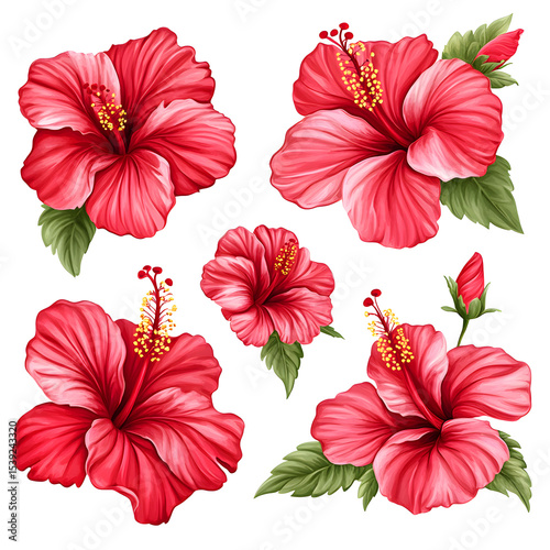 Stunning realistic watercolor illustration of red hibiscus flowers and bud on white background