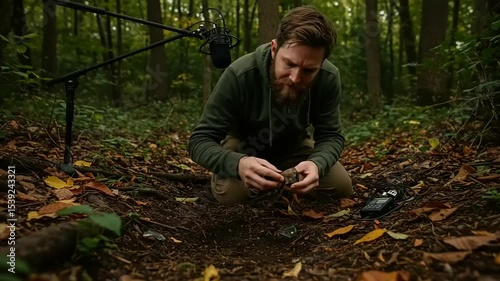 Man examining rock samples in forest setting for nature documentary or research