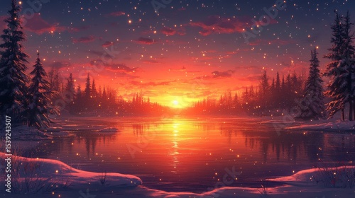 Winter sunset over a frozen lake, dusted with sparkling snow.