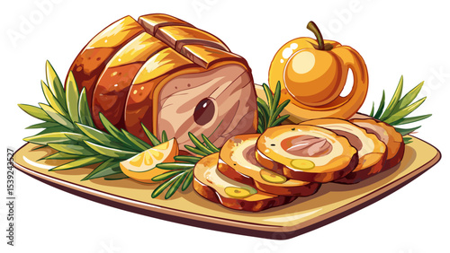 Succulent roasted pork loin, glazed and sliced, served with grilled pineapple rings and fresh rosemary sprigs. A delicious presentation! Very beautiful