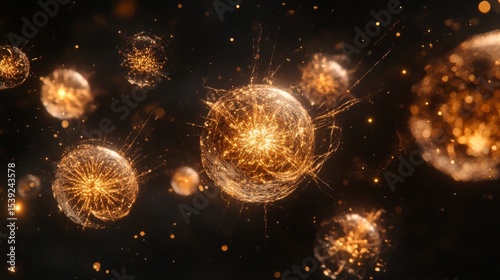 Golden spherical entities explode in a dark cosmos.