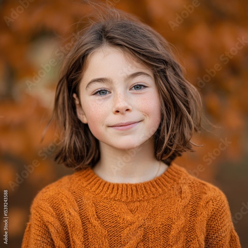 Smiling young girl stands outside wearing an orange sweater. Childhood joy, portrait, autumn season, happiness, innocence, beauty