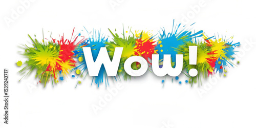 The word wow in white letters surrounded by colorful paint splatters and a white background is visible created with generated ai