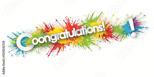 Congratulations message with colorful paint splatters and exclamation mark on a white background design created with generated ai