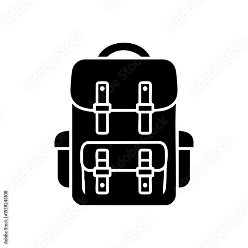 Vector logo of a travel backpack with gear straps in minimalist black design.


