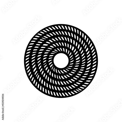 Vector icon of a coiled climbing rope in minimalist black silhouette.

