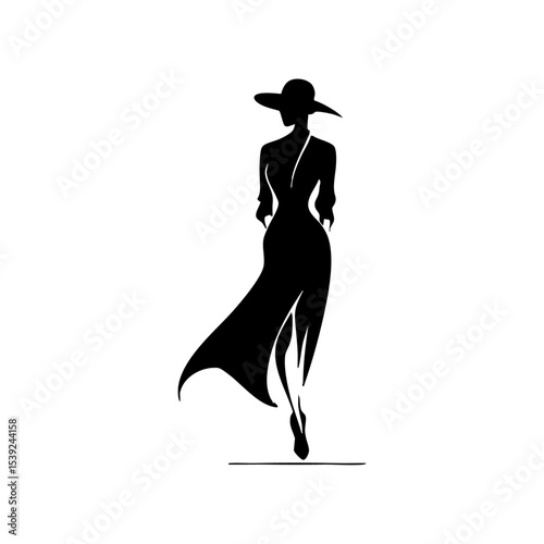 Elegant vector silhouette of a woman in a flowing dress and wide-brim hat, walking with confidence.

