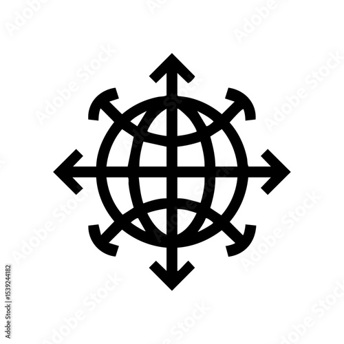 Vector icon of a globe with arrows in all directions, symbolizing global delivery and logistics.

