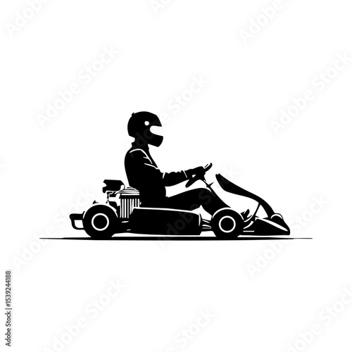 Vector logo of a go-kart with a driver in helmet, side profile, minimalist black design.

