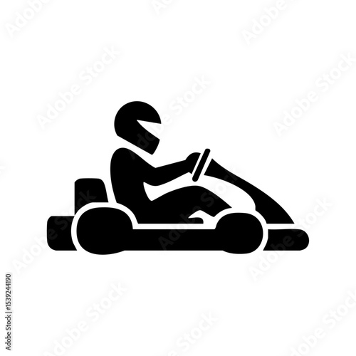 Simplified go-kart icon with rider in helmet, solid black vector on white background.

