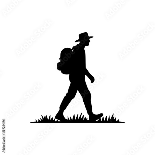 Vector icon of a lone hiker walking over grass in silhouette style.

