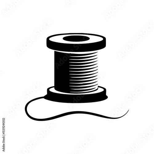 Vector logo of a spool of thread with a trailing line in minimalist black silhouette.

