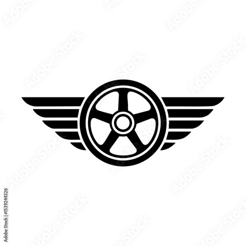 Vector emblem of a racing wheel flanked by stylized wings in black silhouette.

