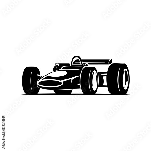 Minimalist black vector logo of a vintage open-wheel race car with wide tires.


