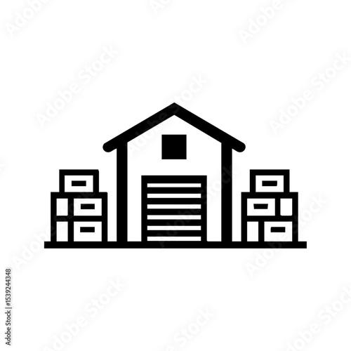 Minimalist warehouse building icon with stacked boxes, symbolizing storage, inventory, and logistics operations.

